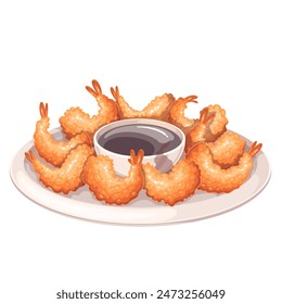 Plate of tempura shrimps served with soy sauce, cartoon deep fried seafood. Tempura crispy cutlets lying on white round platter with bowl of dip, cartoon traditional Japanese food vector illustration