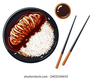 Plate of teriyaki chicken with rice isolated on white background, top view. Asian food. Vector illustration in eps 10. Suitable for menu, recipe and cookbook 