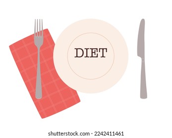 Plate with a text DIET, fork, knife and a red napkin. Vector illustration isolated on a white background