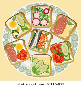 A plate of toast. Fried slices of bread with a variety of snacks: vegetables, fish, sausage, egg and cheese. Vector illustration