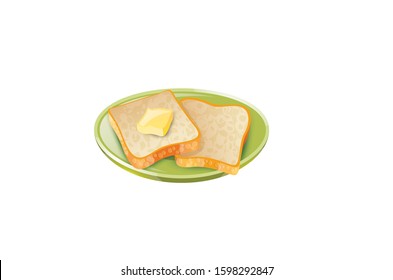 Plate with toasted bread and butter Vector Illustration isolated on White Background