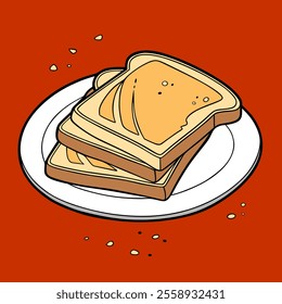 Plate of Toasted Bread Slices with Crumbs on Vibrant Red Background.