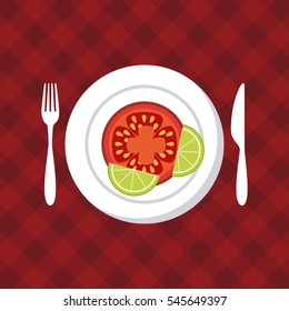 plate with tomato and lemon slices over red background. colorful design. vector illustration