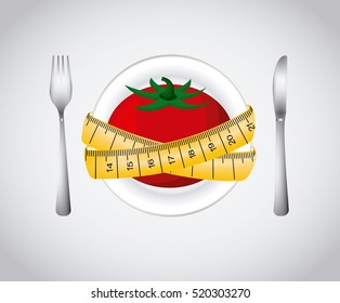 plate with tomato and yellow measurement tape and fork and knife over white background .healthy food for dieting. colorful design. vector illustration