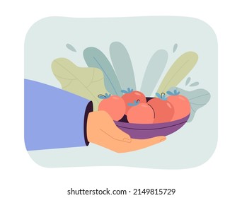 Plate of tomatoes in hands flat vector illustration. Person preparing ingredients for salad or eating vegetables. Healthy lifestyle, vitamins concept for banner, website design or landing web page