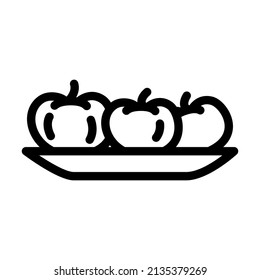 con el vector de icono de línea de tomates. placa con el cartel de tomates. símbolo de contorno aislado ilustración negra