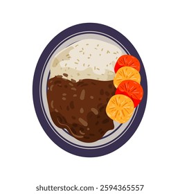 A plate with a traditional Brazilian dessert, featuring rice pudding, caramelized bananas, and a rich sauce.
