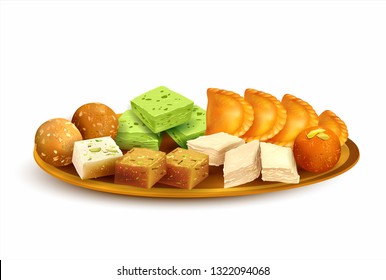 Plate with traditional Indian sweets – laddu, gulab jamun, gujiya, halwa, barfi. Isolated on white. Vector illustration. 