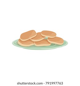 Plate of traditional Russian fresh curd fritters. Dessert and tasty breakfast concept. Isolated flat vector design for poster, flyer or menu of restaurant