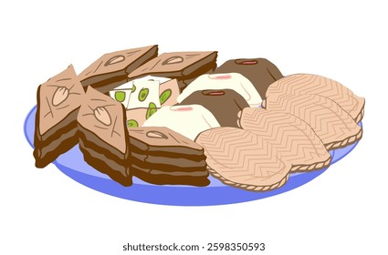 plate of traditional sweets, including baklava and festive pastries, symbolizing Nowruz celebrations. Ideal for holiday cards, cultural designs, and invitations.