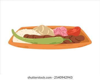 Plate with traditional Turkish healthy Mediterranean food. Meat dish, beef lula kebab, rice and grilled vegetables. Vector isolated on white flat illustration.