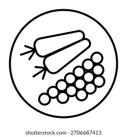 Placa com duas cenouras e ervilhas ícone linha fina, conceito de vegetais. Gráficos vetoriais. Sinal de comida no fundo branco, ícone de estilo de contorno para design móvel ou web