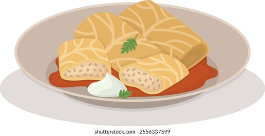 Plate of Ukrainian traditional dish with stuffed cabbage rolls and sour cream. Flat illustration with tasty national food holubtsi