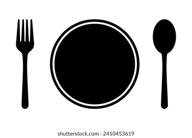 Icono de placa y utensilios. Placa, tenedor y cuchara. Restaurante y concepto de restauración. Vector.