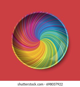 Plate vector in colorful rainbow vortex, on red textured background. Empty, top view, from above.

