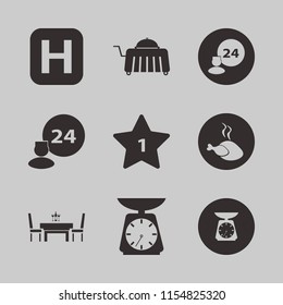 plate vector icons set. with room service, hot chicken, hotel one star and dining table restaurant in set