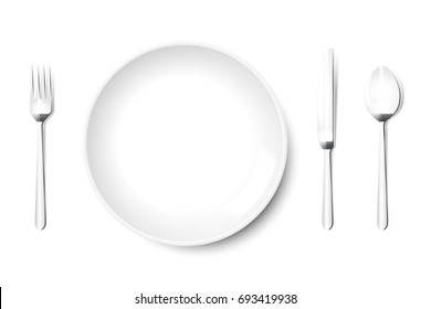 Plate vector in white with knife fork spoon in metal grey, isolated on white background. Empty, top view, from above.
