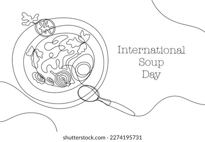 A plate of vegetable soup with onion, egg, spaghetti, herbs and tomato. Culinary art in one line. For different uses. International Soup Day. Vector illustration