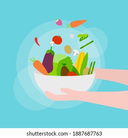 Plate of vegetables plate in hands modern flat vector illustration healthy food diet nutrition vegan