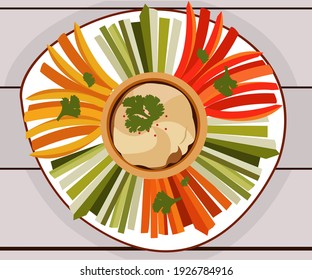 
A Plate Of Vegetables With Hummus. Proper Nutrition. Healthy Lifestyle. Compliance With A Diet. A Healthy Snack.