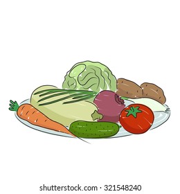 A plate of vegetables isolated on a white background. Hand drawn with brush vector illustration for design of shop window 