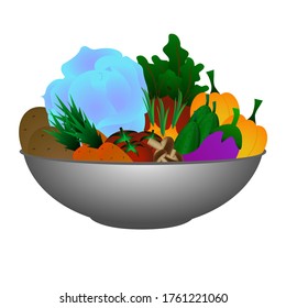 Plate of vegetables. Potato, tomato, carrot, mushrooms and more. Isolated vector illustrated.