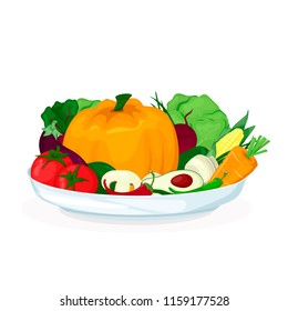 Plate with vegetables salad. Fresh healthy food. Pumpkin, tomato, carrot, eggplant onion corn