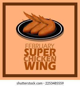 A plate of very tasty chicken wings served on a black plate with bold text in frame on light brown background to celebrate Super Chicken Wing Day on February 12