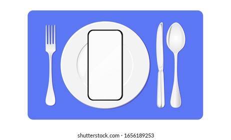 Plate ware with blank screen mobile phone for fine food delivery and Nomophobia concept