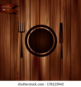 Plate web icon. Wooden background.
