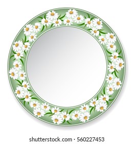 Plate with white daisies on a green border, top view. Vector illustration.