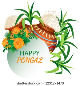 Plate with a white-green gradient transition and the inscription. Behind a  pots of rice and a cane and bouquet of marigolds. Isolated Vector Illustration