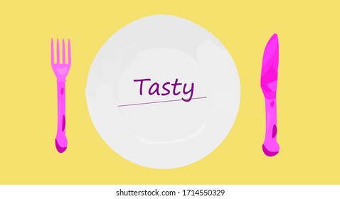 Un plato con un cuchillo y un tenedor. Sabroso. Ilustración vectorial. Elementos para el diseño