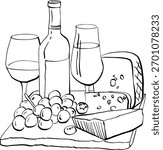 A plate with wine, fruit, and cheese