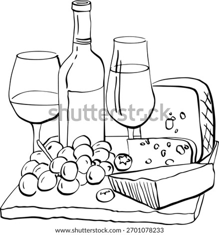 A plate with wine, fruit, and cheese