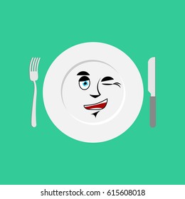 Plate winks Emoji. Empty dish isolated cheerful emotion
