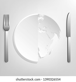 Plate and world map joined together, vector illustration with depth
