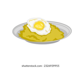 a plate of yellow rice with fried beef eye eggs with white background