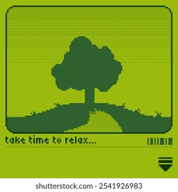 Plateau mit isoliertem Baum, grüne monochrome Pixel Art Style Artwork