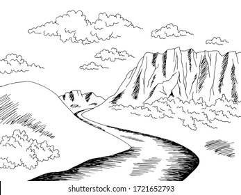 Plateau tableland mountain river graphic black white landscape sketch illustration vector