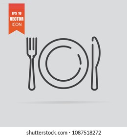 Plate,fork and knife icon in flat style isolated on grey background. For your design, logo. Vector illustration.