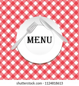 Plate,fork, knife, spoon, cutlery on red checkered tablecloth,square. Copy space text. Vector illustration. Menu template.