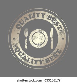 Plate,fork and knife vector illustration.  Stamp with text. Quality  best