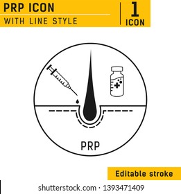 Platelet rich plasma design template with a syringe and a follicle for hair loss treatment. Platelet rich plasma icon, prp therapy, stop hair loss linear sign. Editable stroke