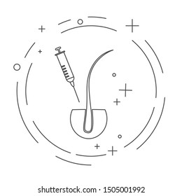 Platelet rich plasma linear poster with a syringe and a follicle symbols for hair loss treatment.  PRP stem cells regenerative medicine and beauty concept. Vector illustration in line style.