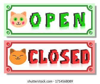 Plates with 3D inscriptions. Open and Closed, in green, red frames. Faces of cute sleeping and awake cats