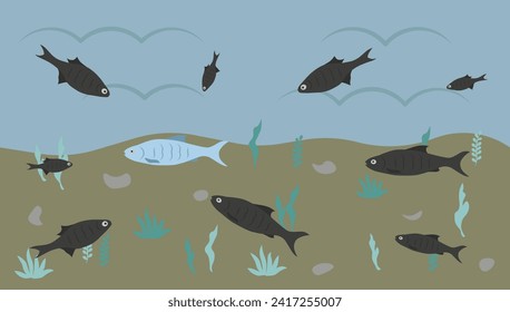 Plates against the current. One fish swims in another direction. A symbol of courage, individuality, loneliness or a different way of life. EPS 10.