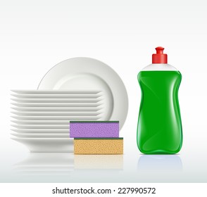 plates and a bottle with detergent isolated on white background