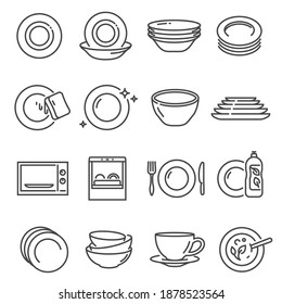 Plates, bowls thin line icons set isolated on white. Dishes, tableware outline pictograms collection. Crockery, cutlery, microwave oven, dishwasher, kitchen detergent vector elements for web.