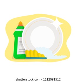 plates and detergent for washing isolated on white background. Vector illustration, cartoon style.